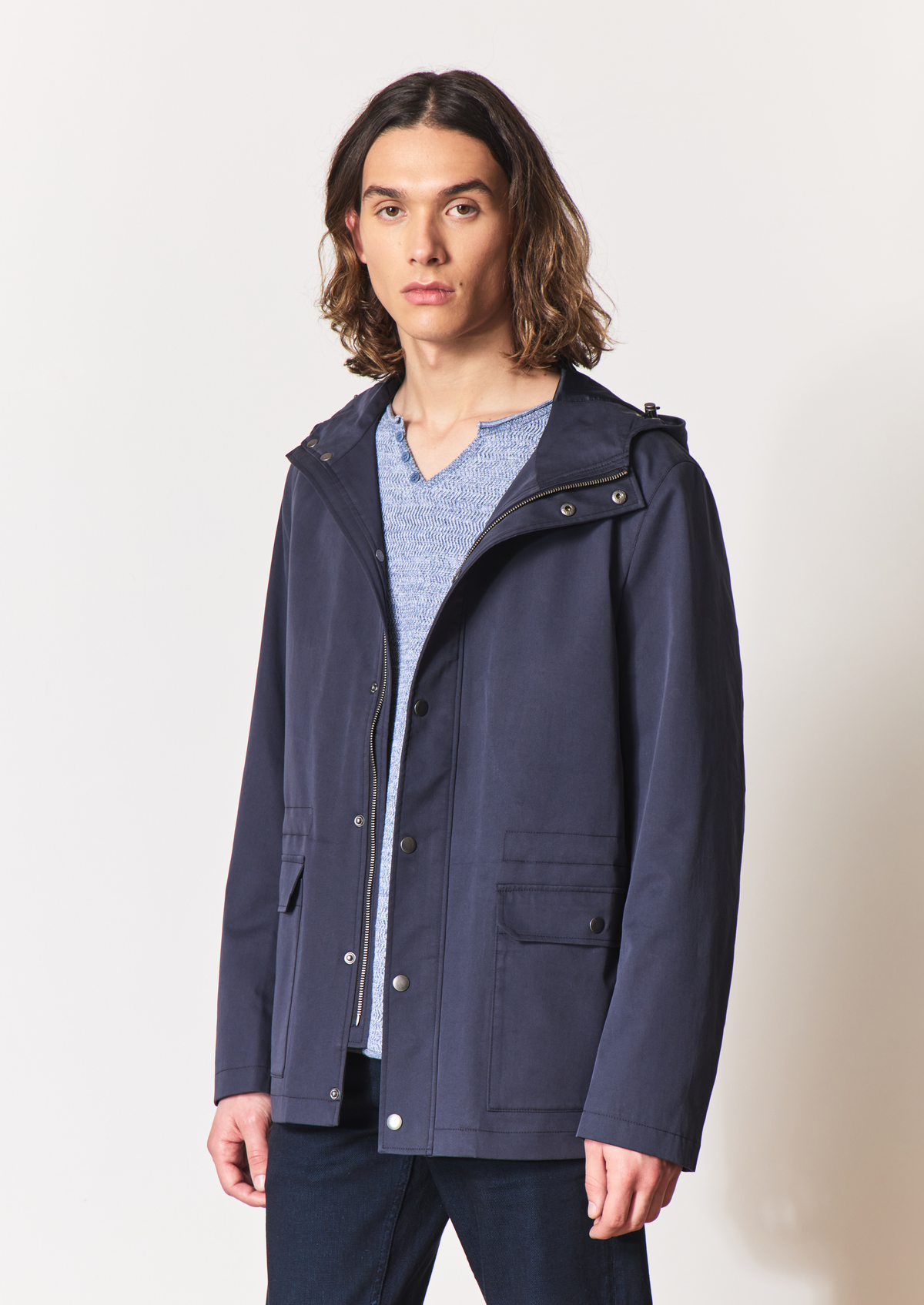 Parka légère unie bleu indigo à capuche