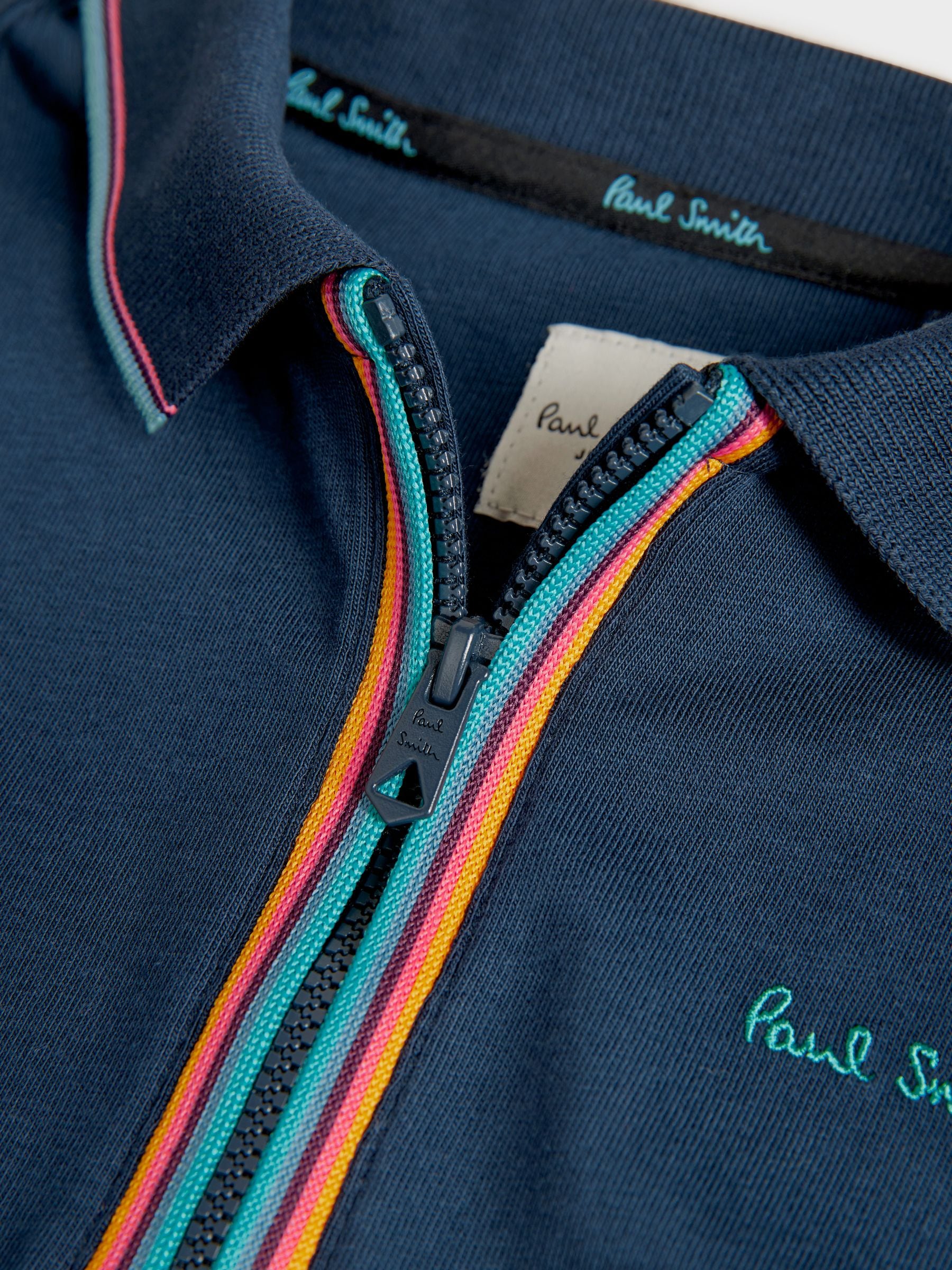 Marineblauw - Paul Smith Junior poloshirt voor jongens met korte mouwen en artistieke streep met korte rits