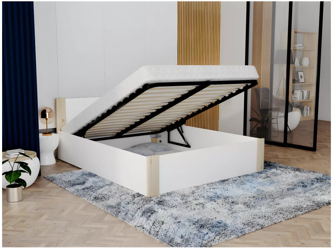 Lit BOSTON 140x190 + coffre - Sommier inclus Pin - blanc