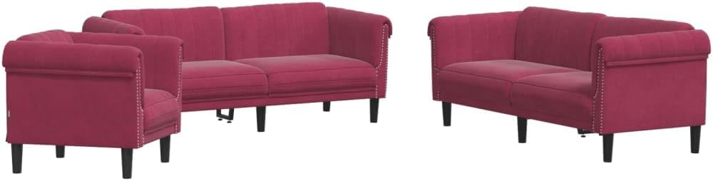 3-TLG. Samt Sofagarnitur Weinrot, Modernes Wohnzimmer Set mit 1 Sessel, 2-Sitzer & 3-Sitzer Sofa, Dick Gepolstert, Stabile Holzbeine, Gemütliches Lounging Möbel für Zuhause