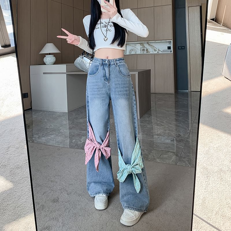 OGAWA - High Waist Ribbon Accent Washed Wide Leg Jeans