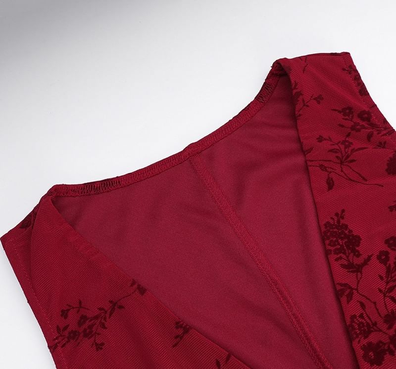 pitaluka - Mouwloze V-hals maxi-A-lijn jurk met bloemenprint en mesh