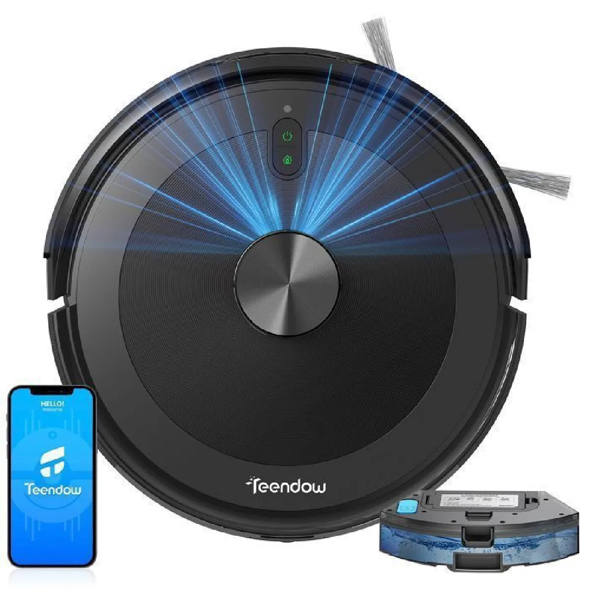 Teendow Robot Aspirateur Laveur, 3000Pa Aspirateur Robot sans Fil avec Balai, 2600mAH/120Min, Wi-Fi/ LDS Laser Navigation