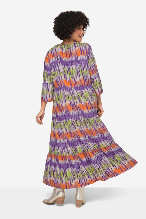 Maxikleid, Batikdruck, V-Ausschnitt, 3/4-Ärmel