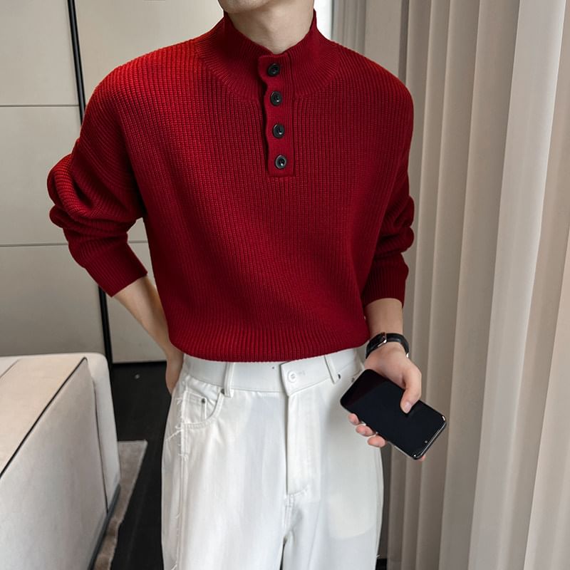 ravewider - Mock Neck Henley Effen Trui