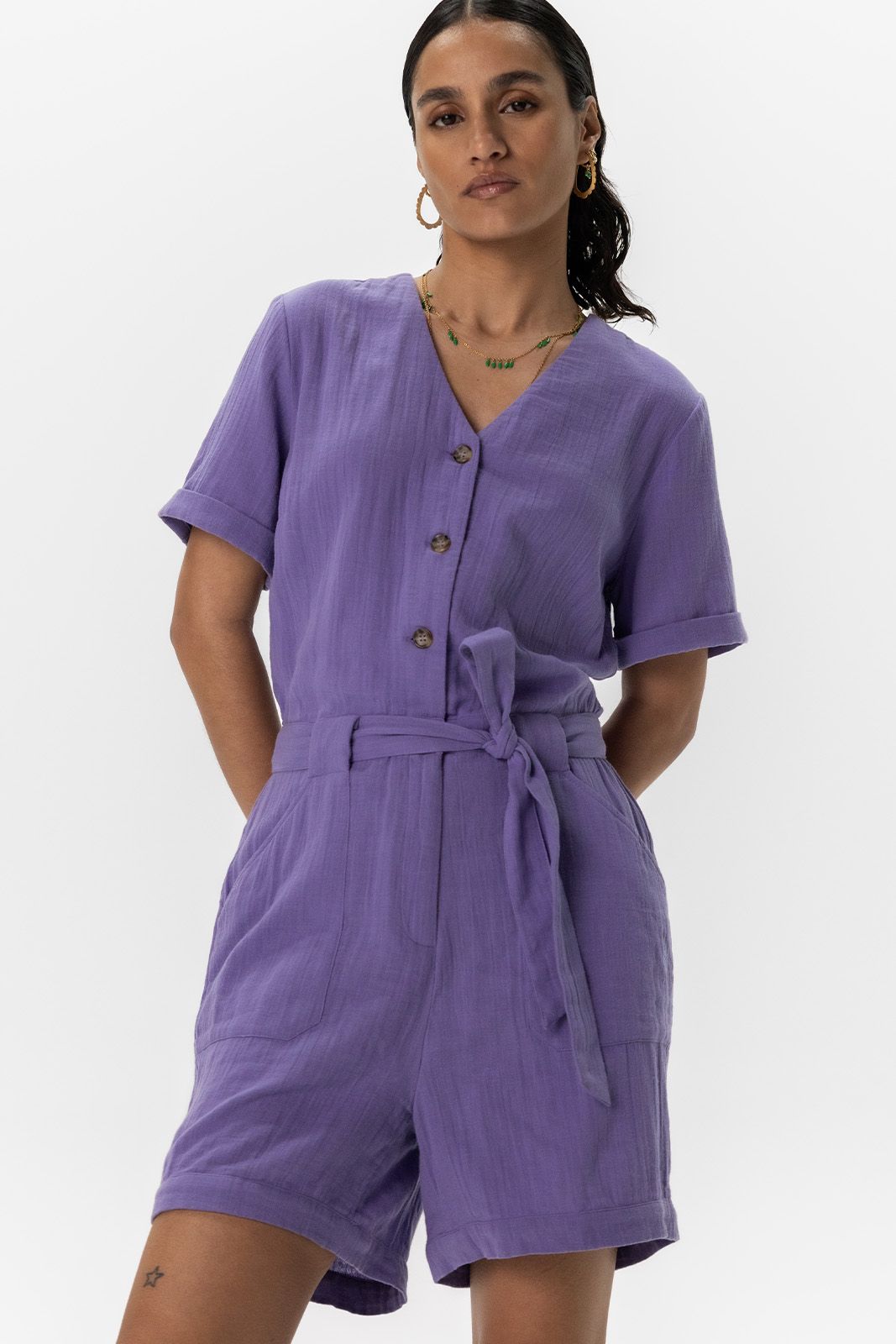 Paars mousseline playsuit met riem