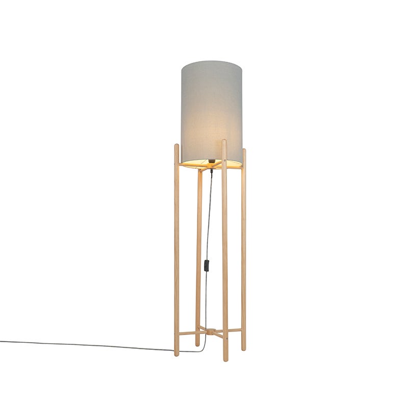 QAZQA - Country House I Vintage landelijke vloerlamp, hout met grijze kap - Lengi I Woonkamer I Slaapkamer - Textiel, langwerpig I Cilinder - LED-compatibel, E27