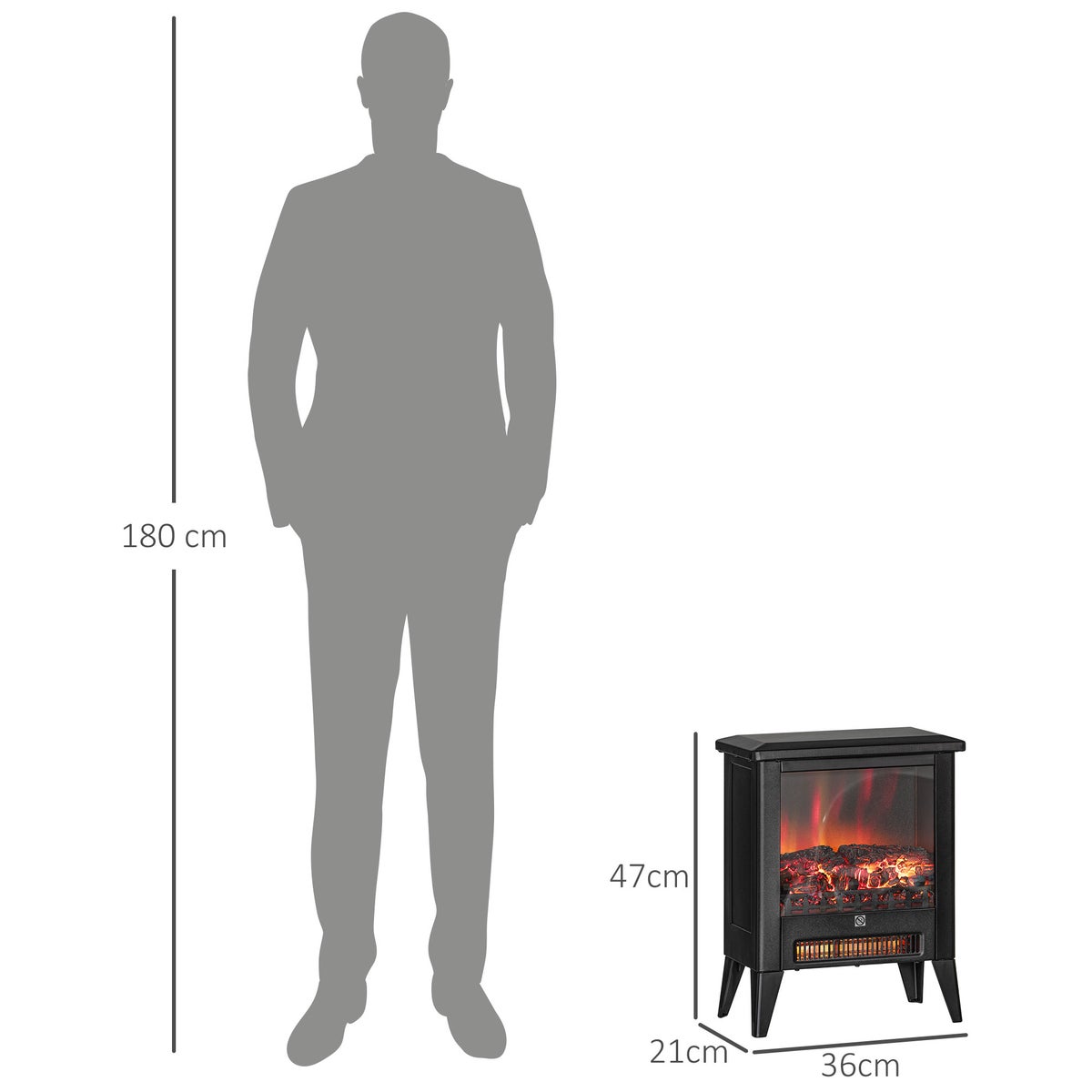 HOMCOM Elektrische haard met verwarming, LED-vlameffect, vrijstaande haard van 1800 W met laag geluidsniveau, oververhittingsbeveiliging voor woonkamer en slaapkamer, zwart