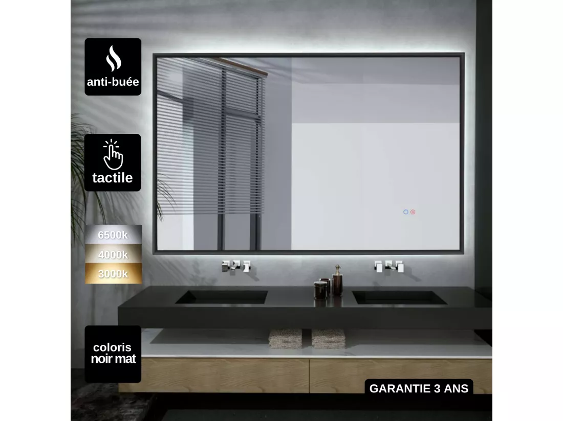 Miroir Salle de Bain CALIFORNIA - 120x80cm - Noir Mat - T° Led Variable - Tactiles On/Off & Anti-Buée - LEDIMEX