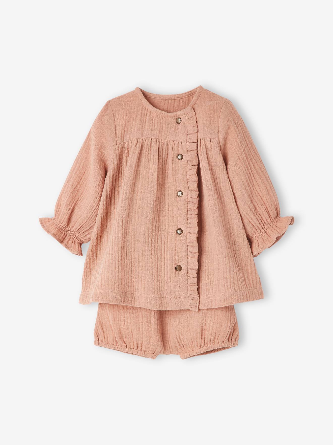 Vestido de chiffon de algodão e calcinha combinando, rosa claro, tamanho médio, para bebê.