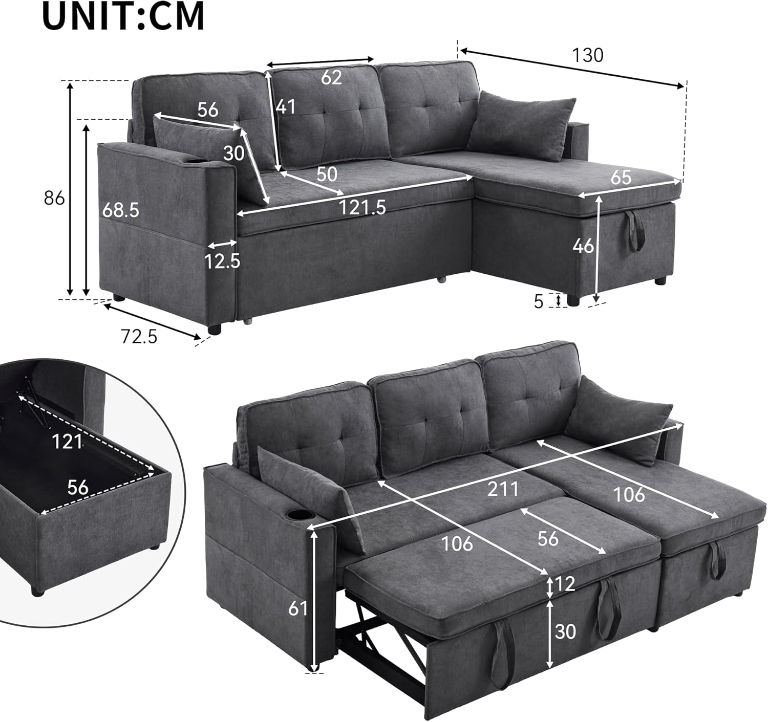 Bladez L-förmiges Schlafsofa mit Stauraum Getränkehalter austauschbare Chaise Longue Modernes Ecksofa Wohnzimmer Sofa Baumwoll-Leinen (Grau, 3 Sitzer)