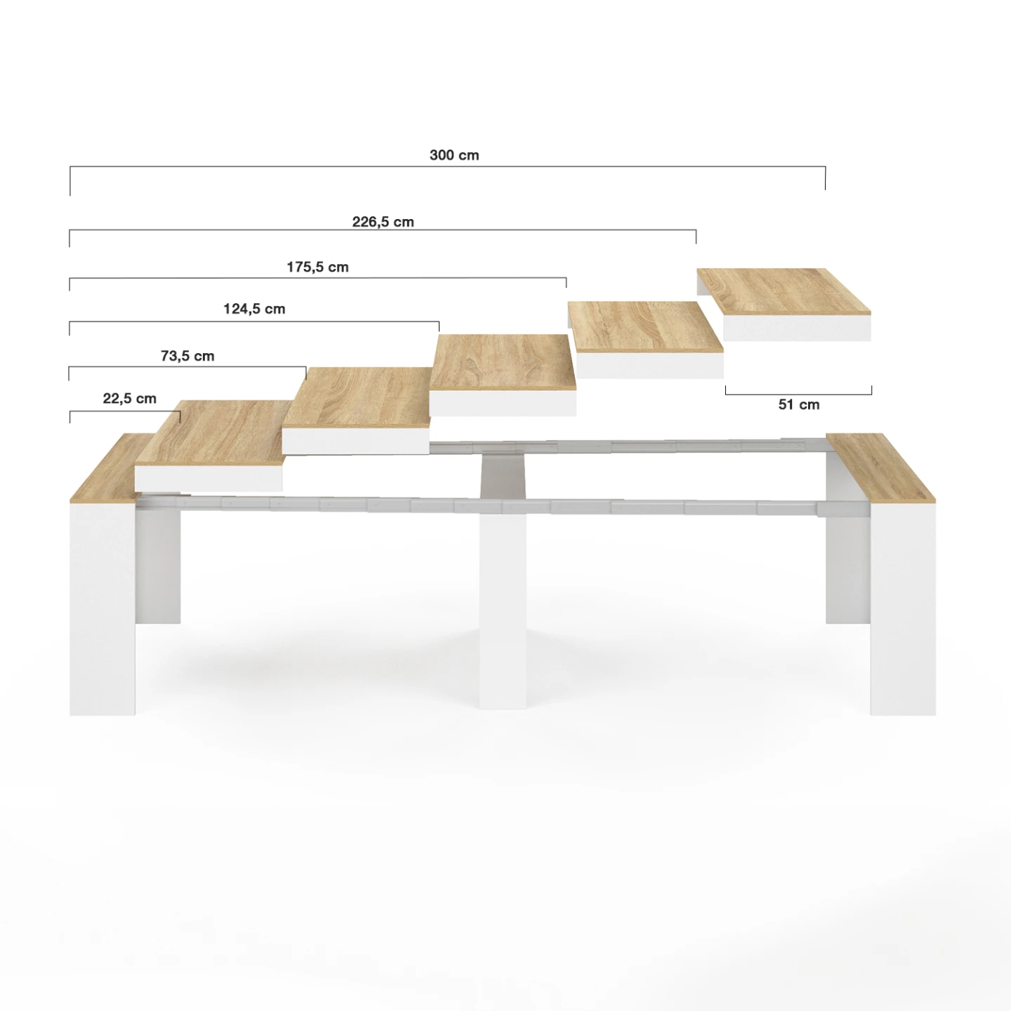 Table console extensible ORLANDO 14 personnes 300 cm blanc et façon hêtre