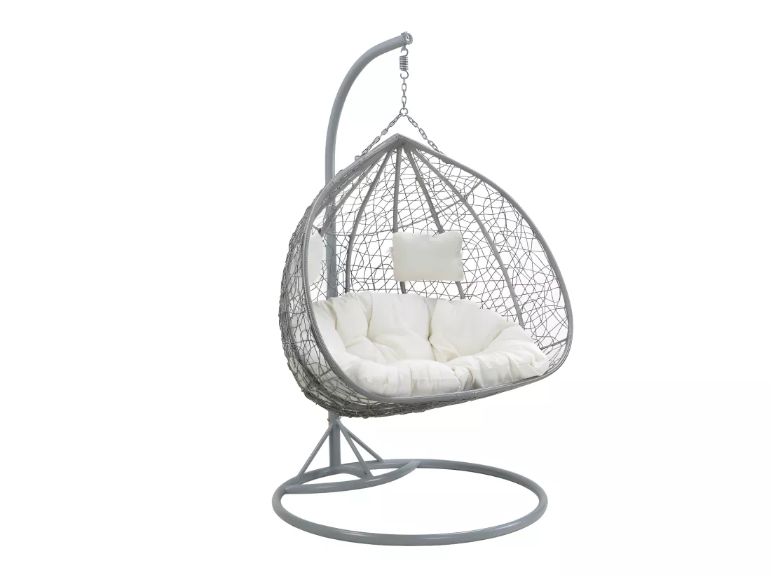 Fauteuil suspendu 2 places en résine tressée - Gris avec coussins blancs - CAYAMBE de MYLIA