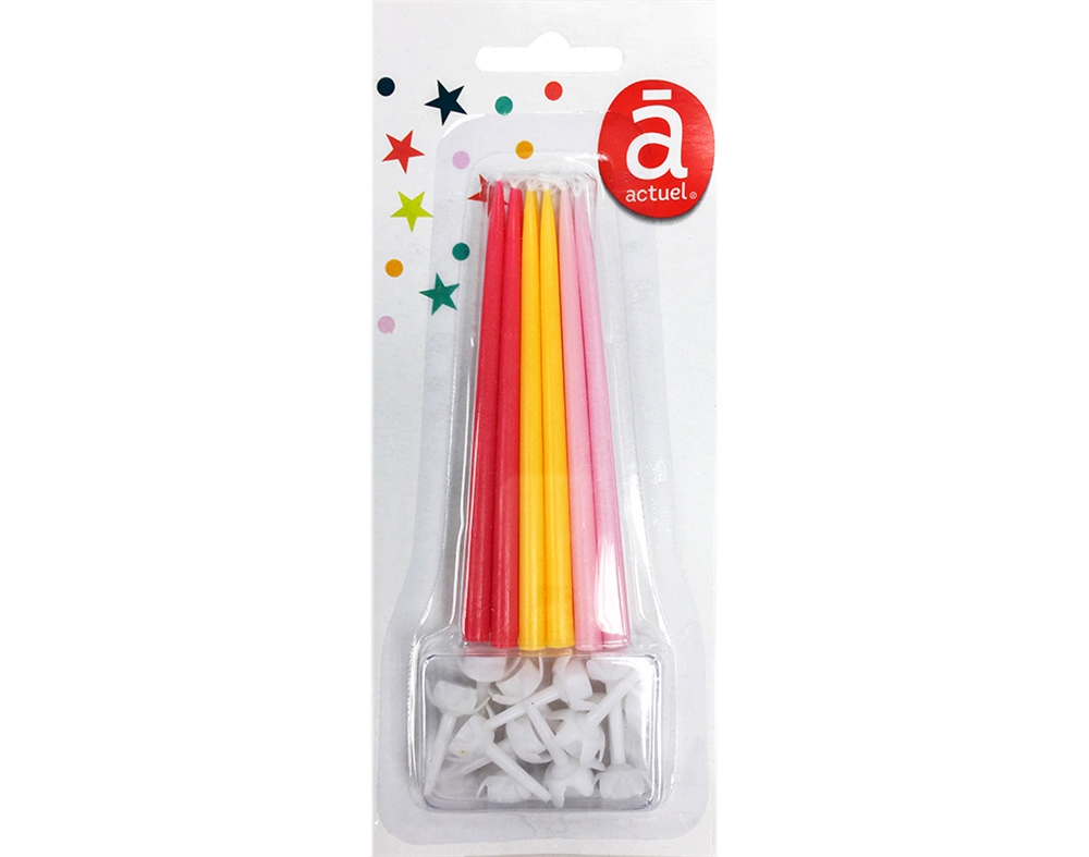 VELAS FINAS DE ANIVERSÁRIO ACTUEL VERMELHO. AMARELO E ROSA PACK 12 UNIDADES