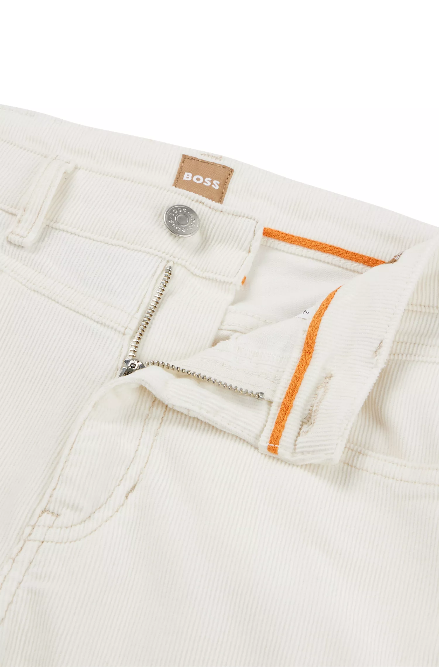 Calça jeans BOSS laranja de cintura alta em veludo cotelê de algodão elástico.