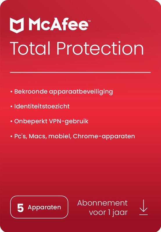 McAfee Total Protection | 5 Apparaten | 1 Jaar | Windows, Mac, Android & iOS