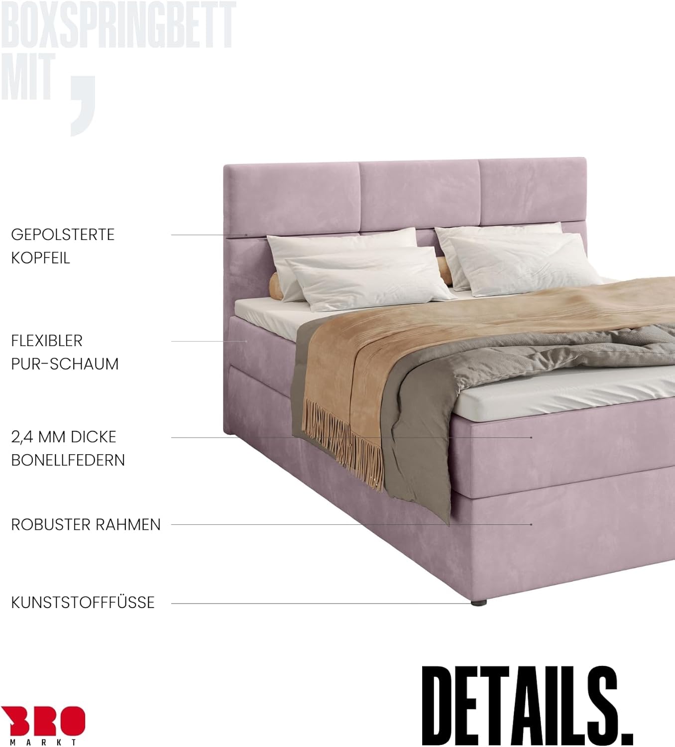 BROMARKT Boxspringbett mit Bettkasten Polsterbett mit Bonell-Matratze und Topper Doppelbett mit Stauraum Bett für Schlafzimmer gepolstertes Kopfteil Boston 160x200 Härtegrad H3 Samtstoff Puderrosa
