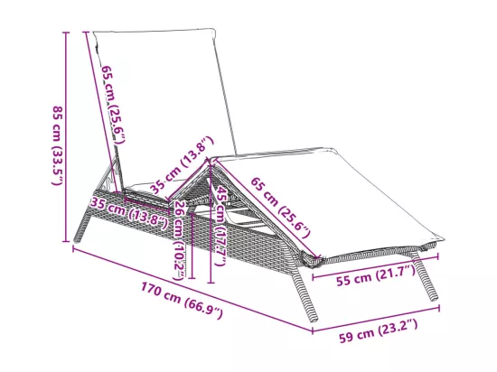 Chaise longue avec coussin gris résine tressée