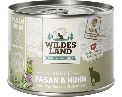 WILDES LAND natvoer voor katten, fazant en kip met veenbessen, met waardevolle superfoods, graanvrij, glutenvrij, 200 g