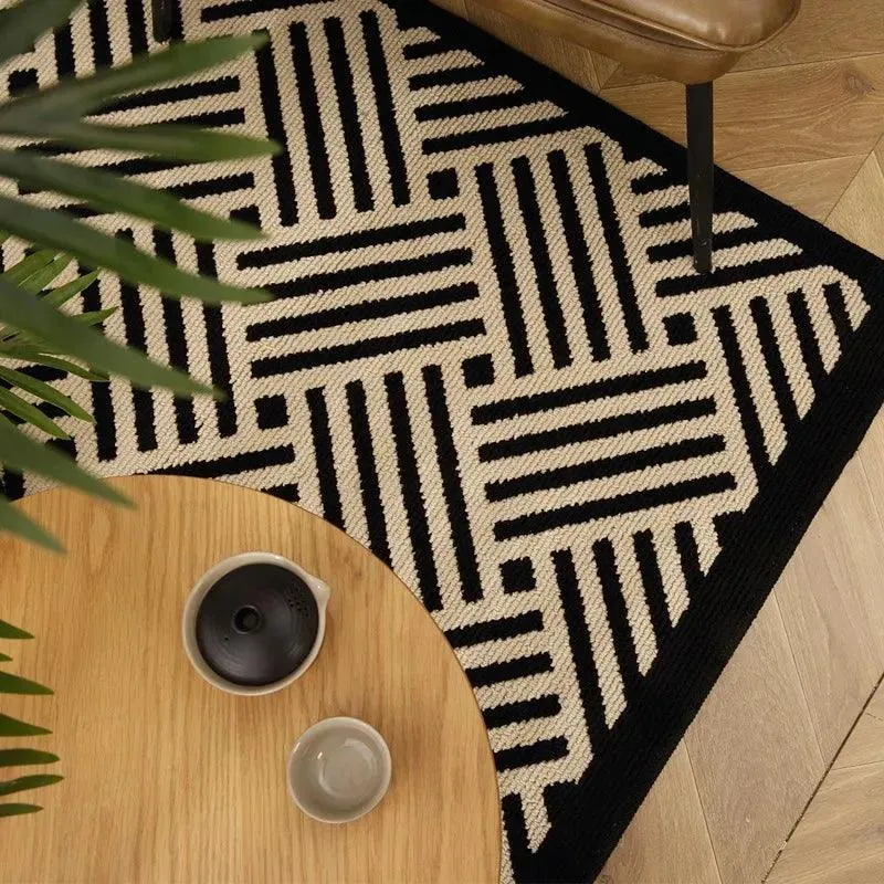 Nordic Style Black White Geometric Bedroom Floor Mat  | Classic Stripe Anti-slip Rug Doormat