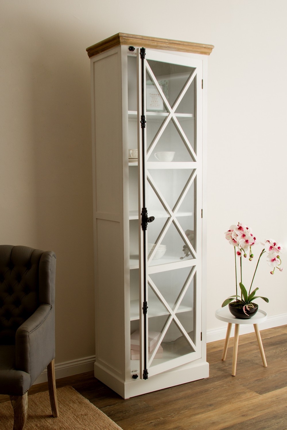 Vitrine FLORENCE - antik weiß - mit Glastür - 213 cm hoch