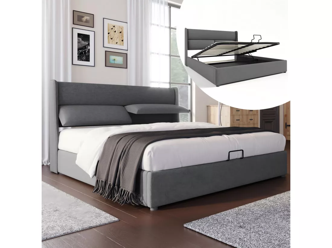Lit coffre en lin avec matelas, sommier à lattes et appuie-tête réglable, 160x200cm, Gris