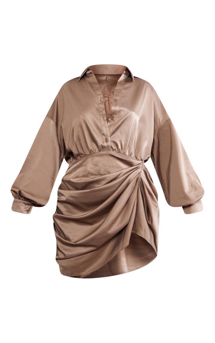 Taupe Robe Chemise En Satin Jupe Drapée Manches Oversized