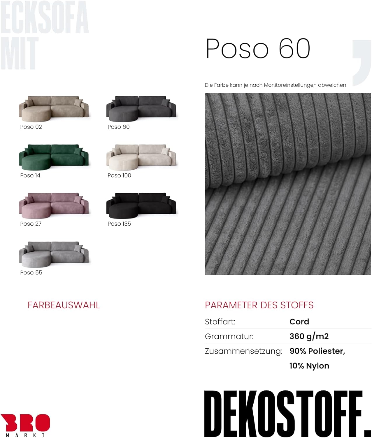 BROMARKT Ecksofa mit Schlaffunktion und Bettkasten Cordstoff Sofa Dreisitzer Schlafsofa Eckcouch Relaxsofa für Wohnzimmer Wohnlandschaft L-Form Bisk 275x170x85cm Grau