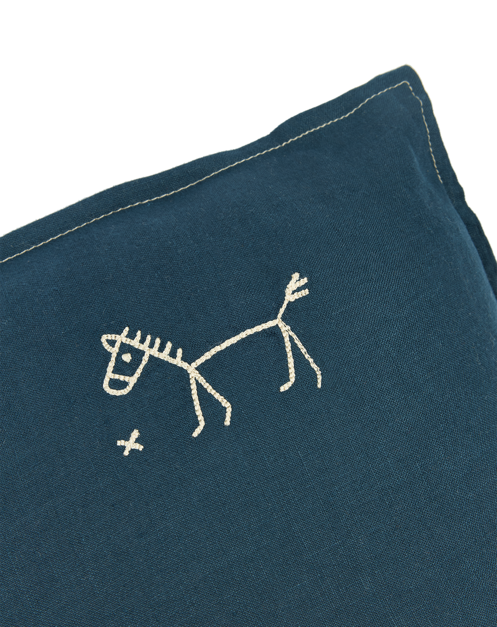 Coussin carré brodé l1n0 en lin français lavé | Bleu
