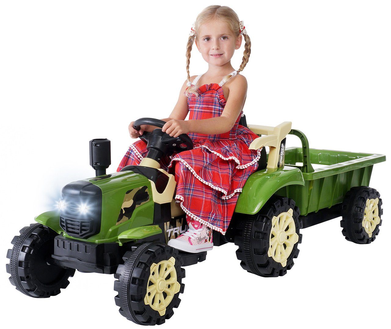 Trator elétrico infantil Actionbikes Motors com reboque, controle remoto incluso, capacidade de carga de 30 kg (2 partes), carga útil de 30 kg - freio automático - 2 motores de 6 V - a partir de 3 anos