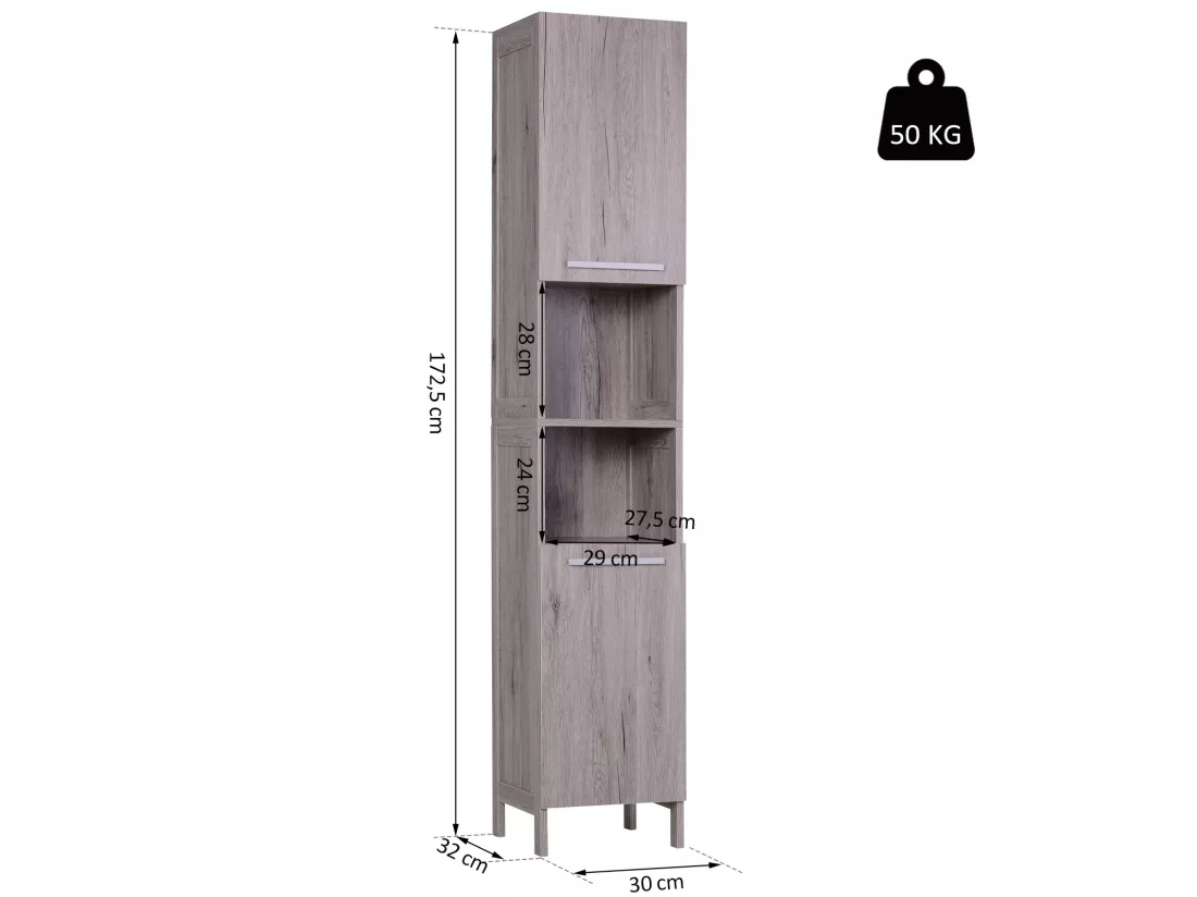 Meuble colonne rangement salle de bain dim. 30L x 32l x 172H cm 2 placards avec étagère + 2 niches MDF imitation bois gris