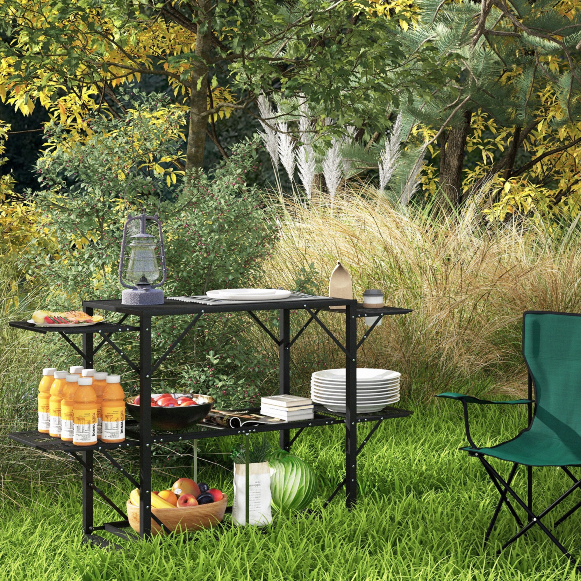 Outsunny Campingtisch mit Regalen schwarz 126L x 44B x 80H cm