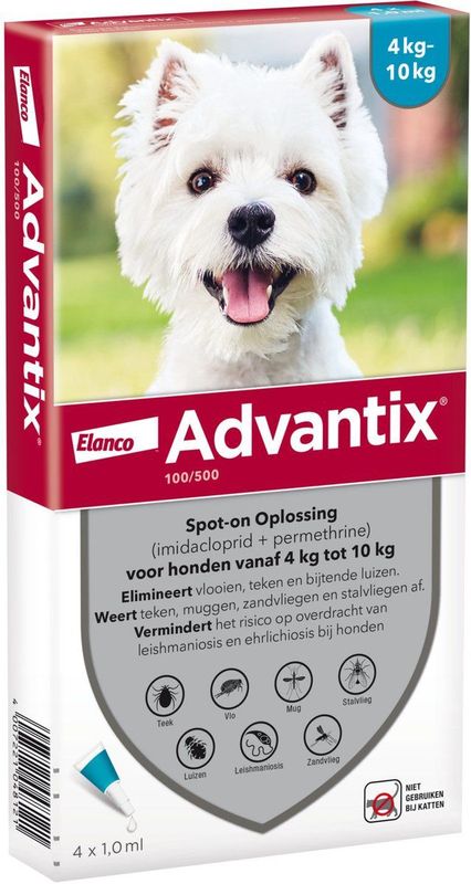 Advantix® 100/500 Pipetten voor Honden - 4-10kg - 4 Stuks