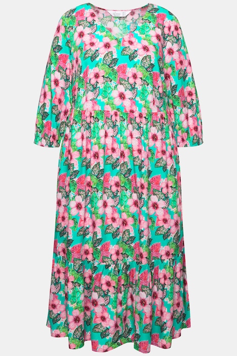 Midikleid, A-Linie, Blütenmuster, Zierband, 3/4-Ärmel