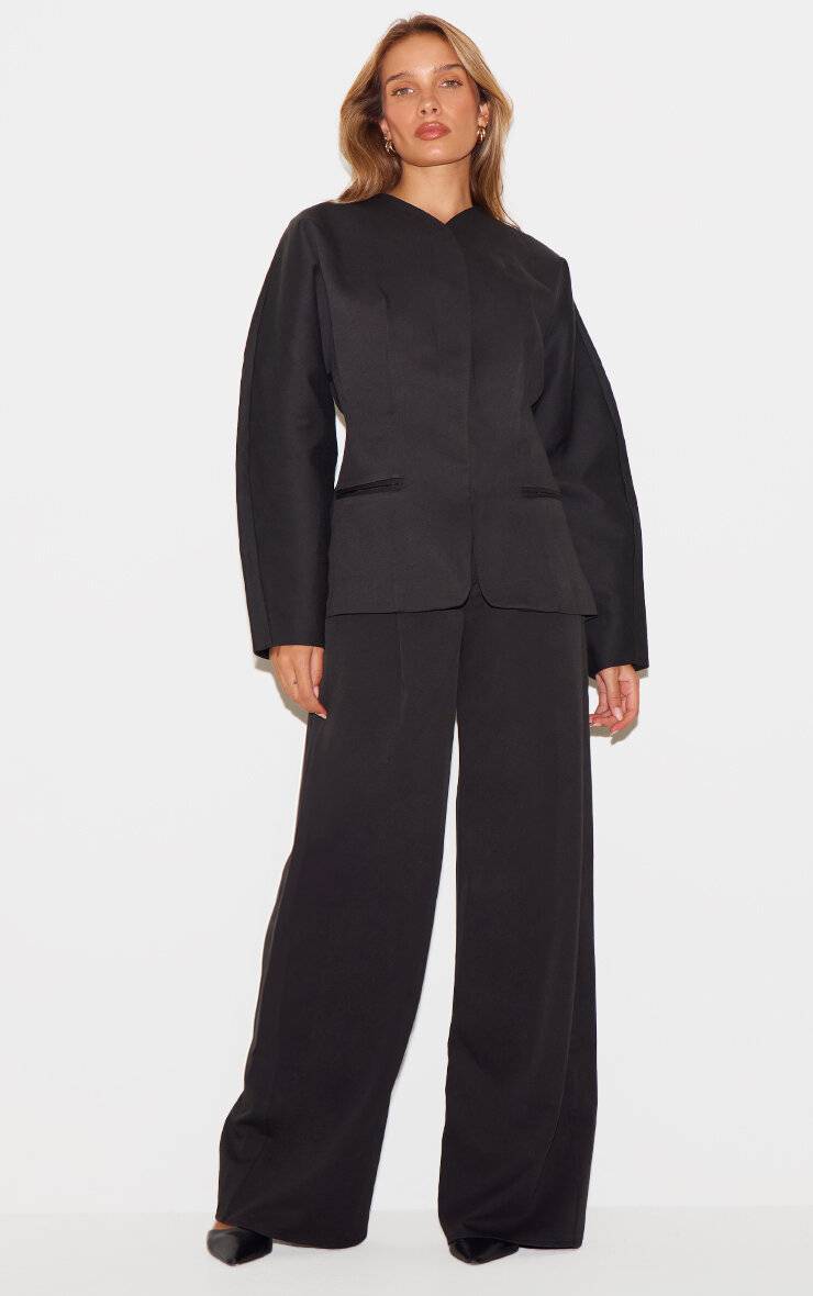 Noir Blazer Ajusté Sans Col En Tissu Tissé Premium Avec Ensemble Coordonné
