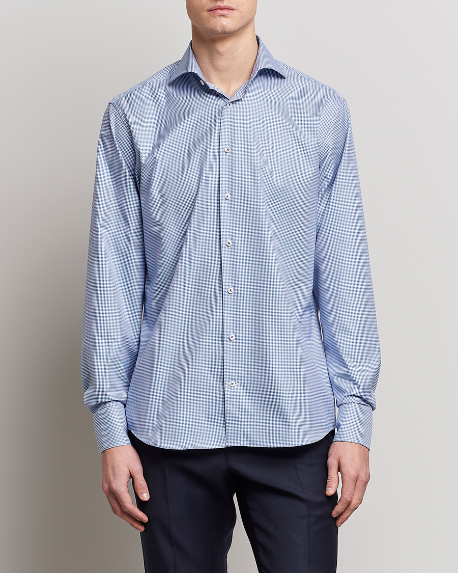 Stenströms Fitted Body Small Check Cut Away Shirt Blue