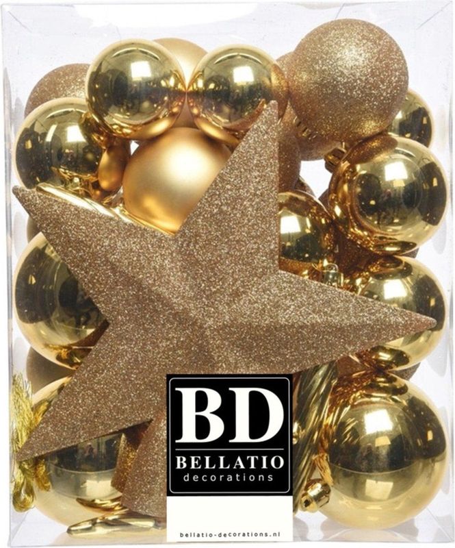 Bellatio Decorations kerstballen set - 34-dlg - goud - incl. piek - kunststof