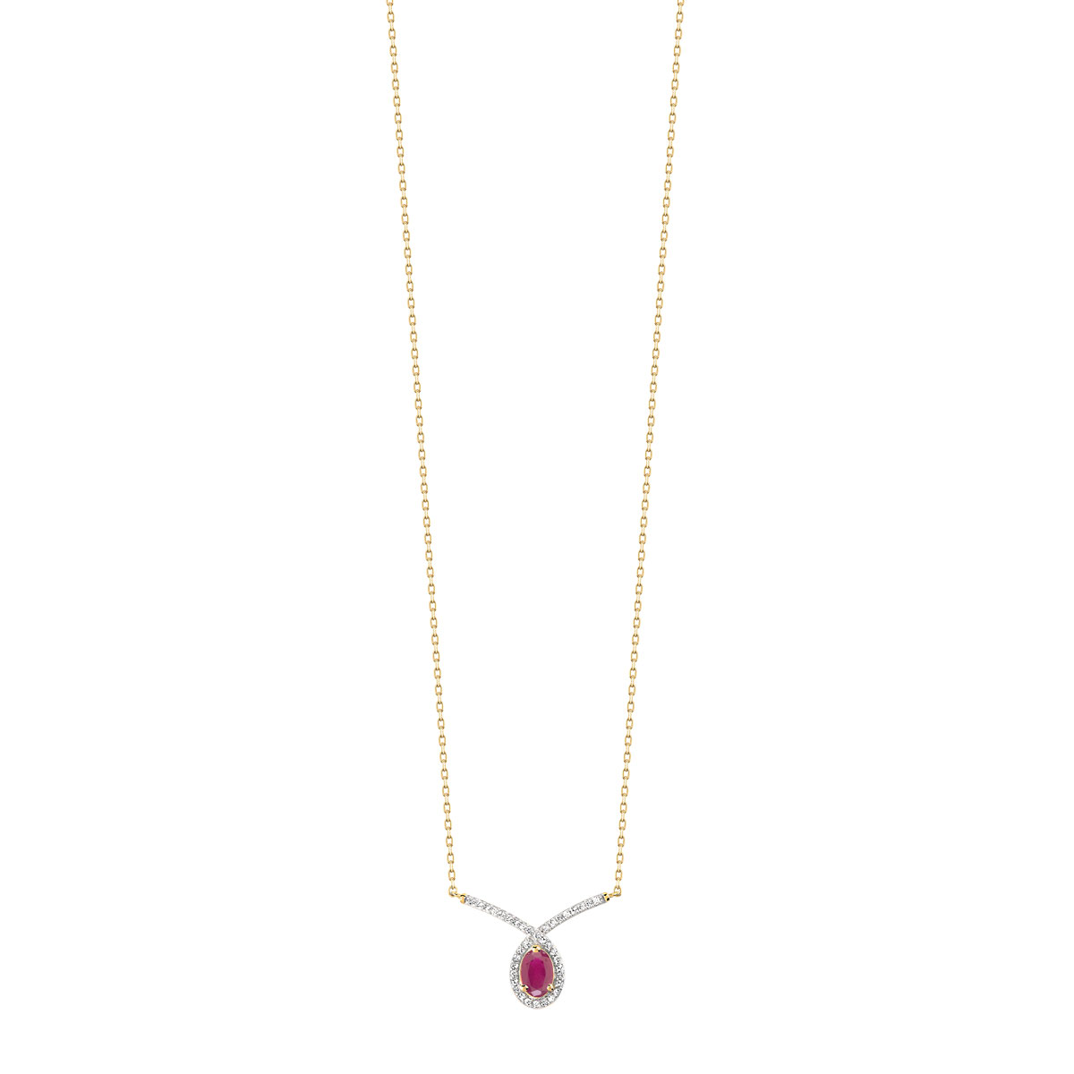 Collier or 375 2 tons rubis ovale et diamants 42 cm