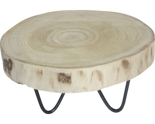Decoratief bord, boomschijf met voet, hout en metaal, Ø 24 cm, H 12 cm, beigebruin