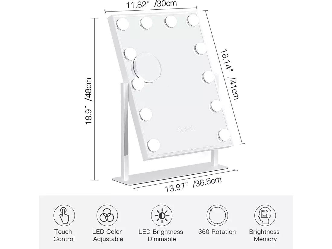 Miroir Maquillage Lumineux 30x41cm,Miroir LED 12 Lumières Miroir Hollywood Rotation à 360° Miroir Coiffeuse Contrôle Tactile,Blanc