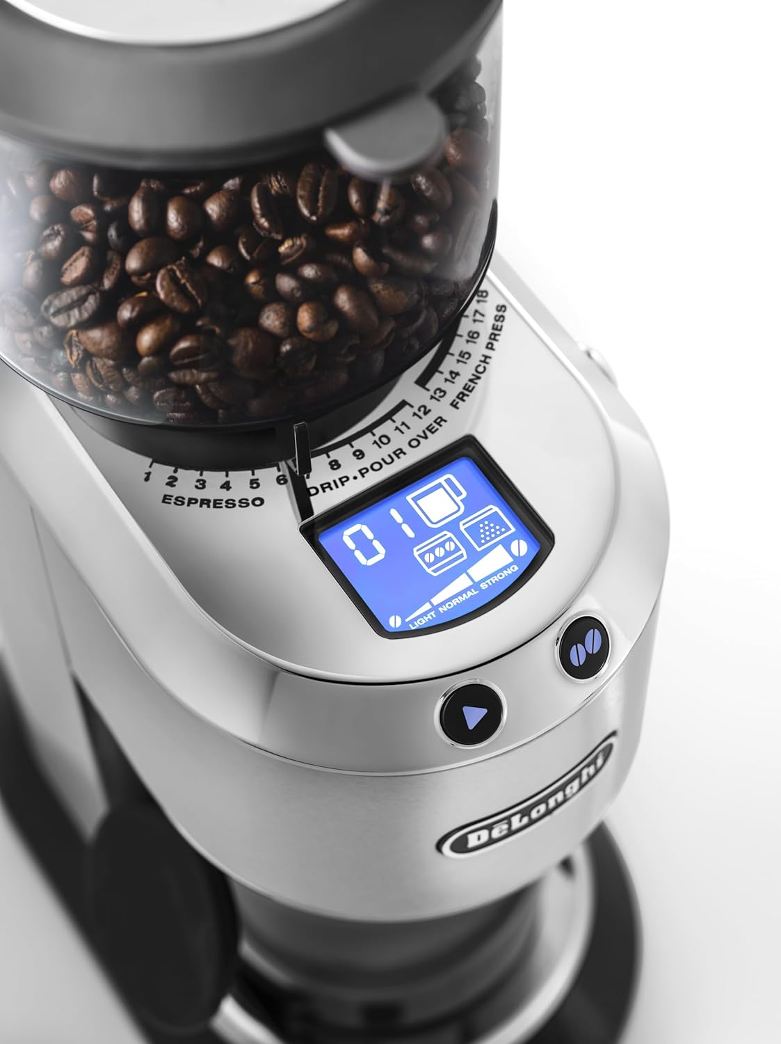 De'Longhi Dedica KG 521.M Elektrische Kaffeemühle, 2,1' LCD Display mit Aroma Funktion, Vollmetallgehäuse, Edelstahl Kegelmahlwerk, einstellbare Mahlgradeinstellung, Silber