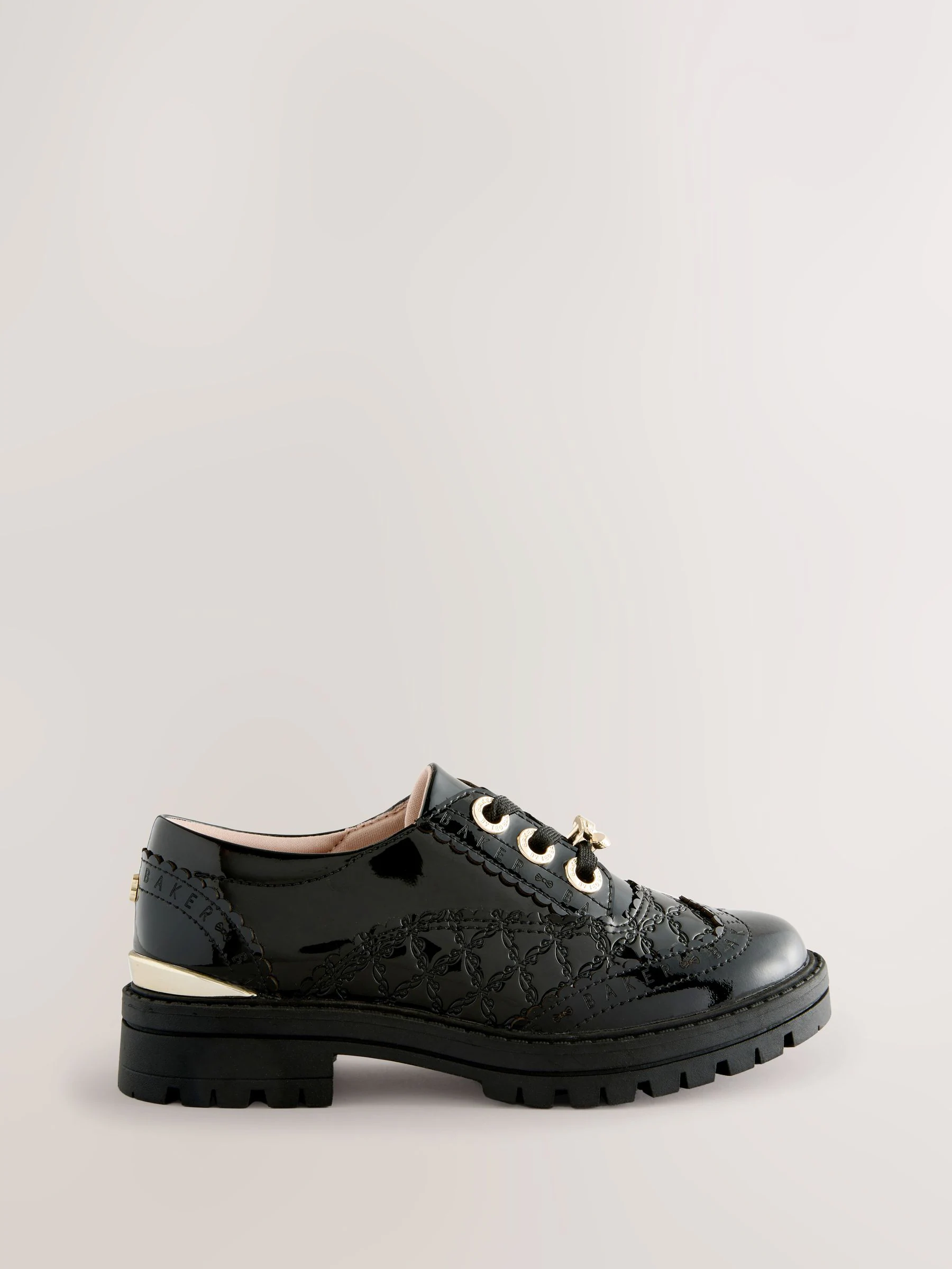 Baker by Ted Baker Girls Back to School Chunky Patent Black Brogue Shoes with Bow