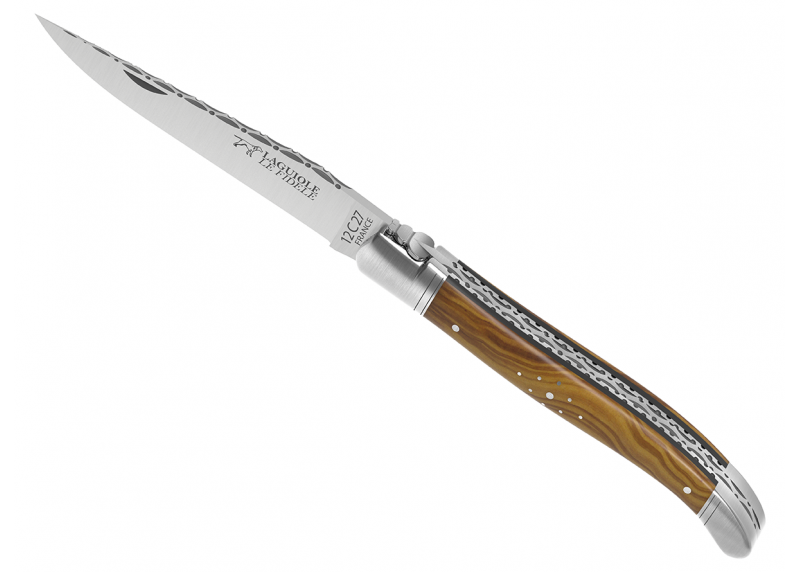 Couteau Laguiole prestige avec un manche en bois d'olivier et mitres en acier inoxydable