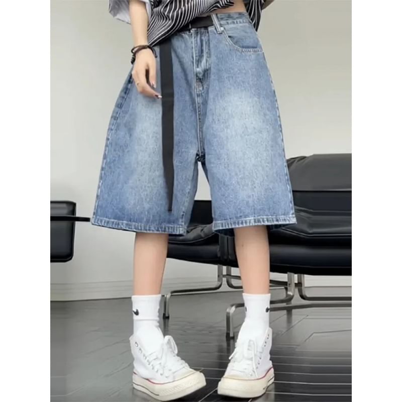 Areumdaun - Mid Rise Washed Wide Leg Denim Shorts