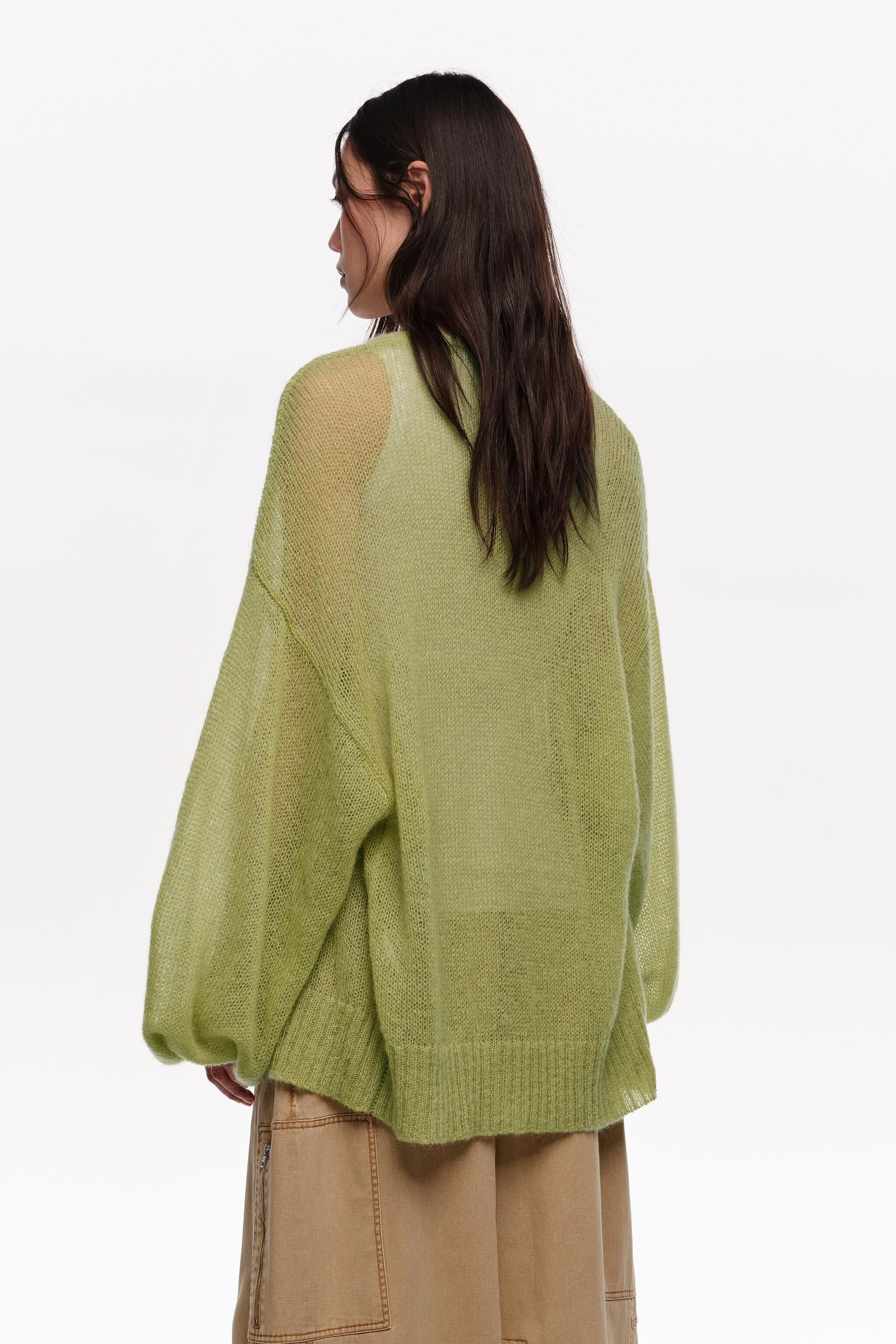 Casaco comprido verde de mohair e lã