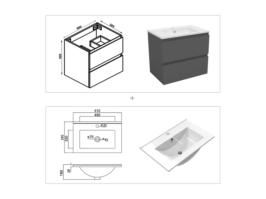 Ensemble meuble vasque L.60cm 2 tiroirs + lavabo + colonne + miroir,anthracite