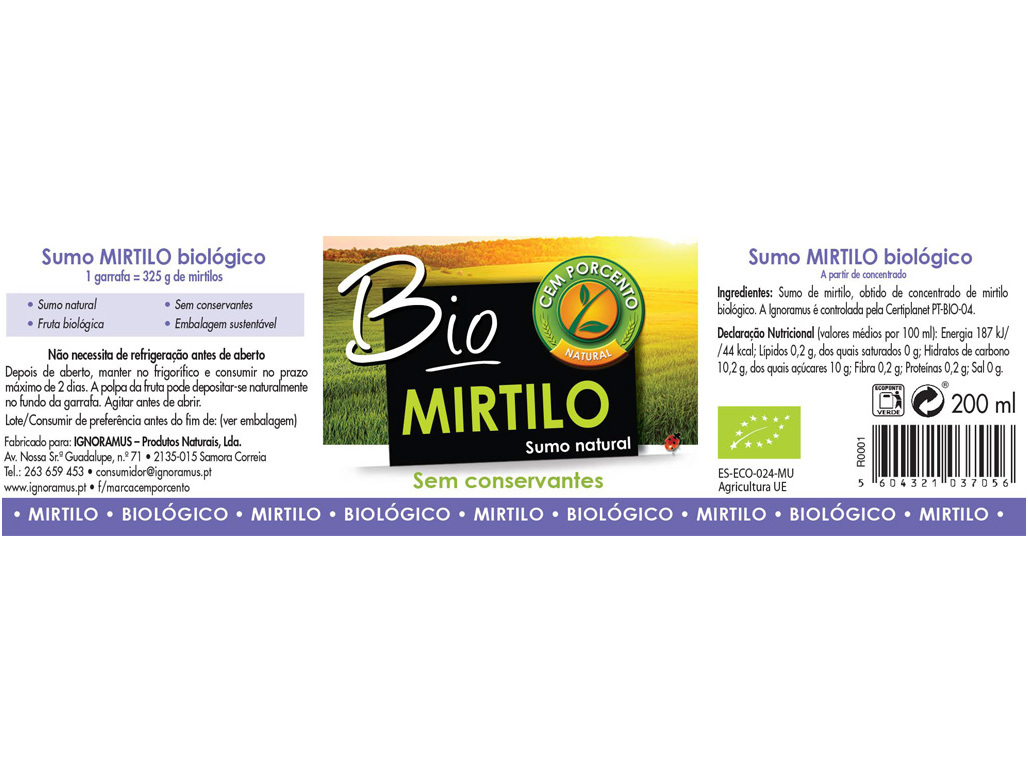 SUMO CEM PORCENTO NATURAL DE MIRTILO BIO 200ML