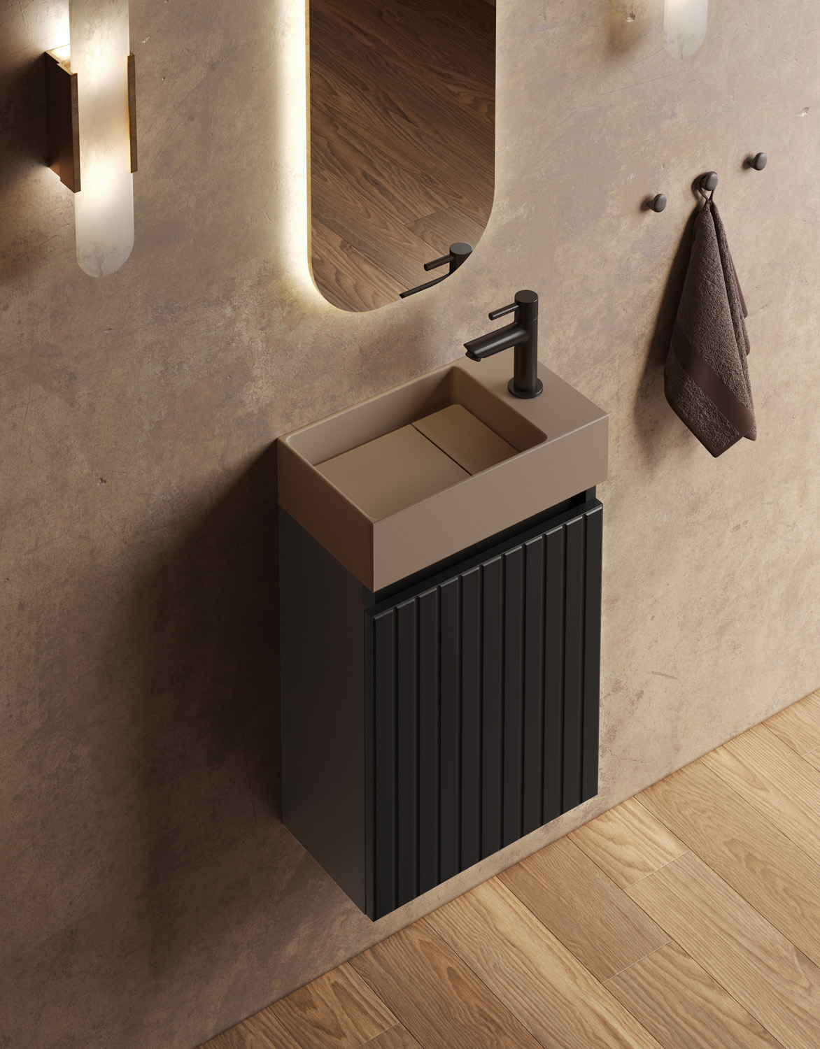 Fontana Itsie toiletmeubel mat zwart ribbelfront 40cm met fontein in mat taupe