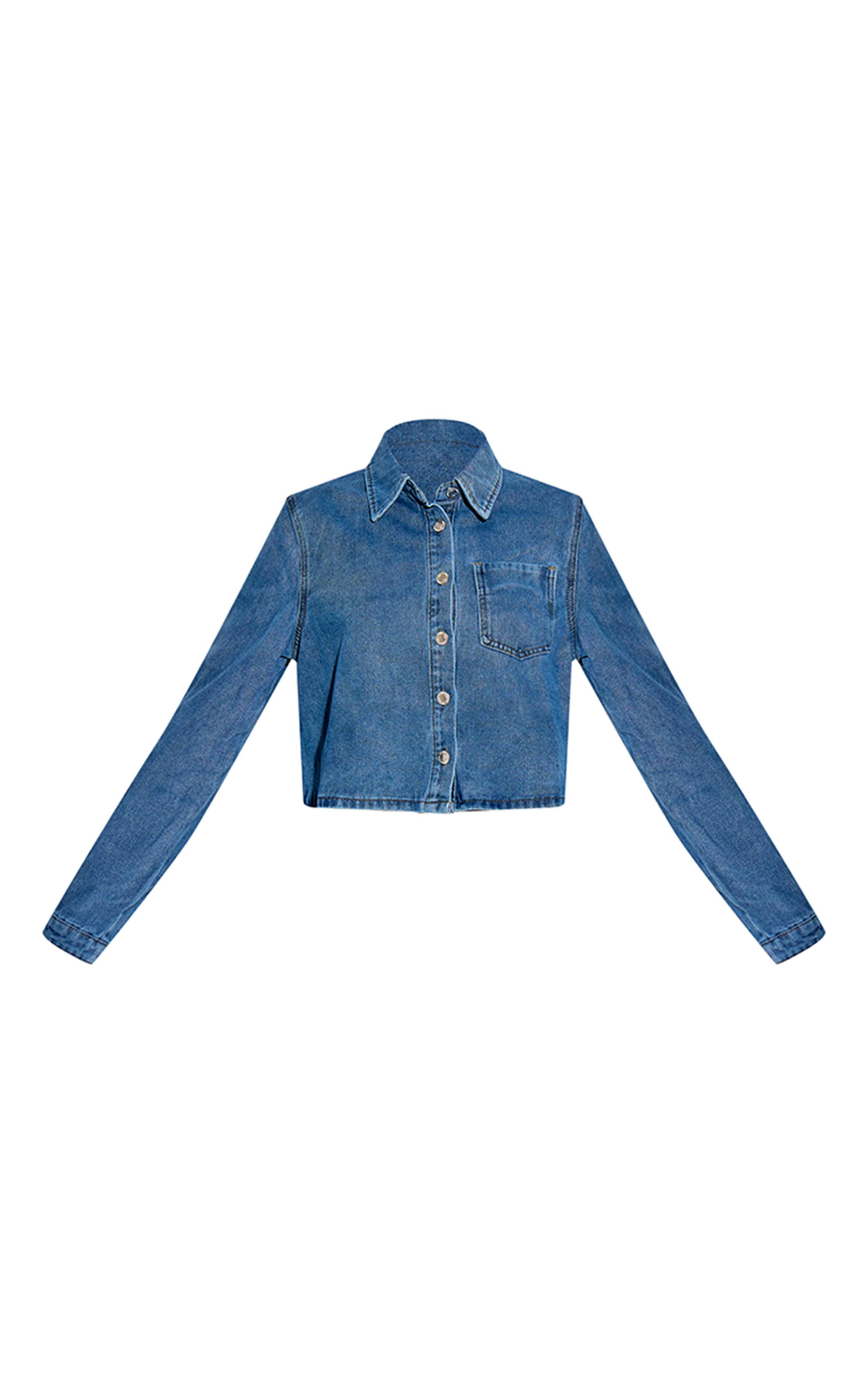 Mid Blue Wash Chemise En Jean Décontractée À Manches Longues Et Coupe Courte