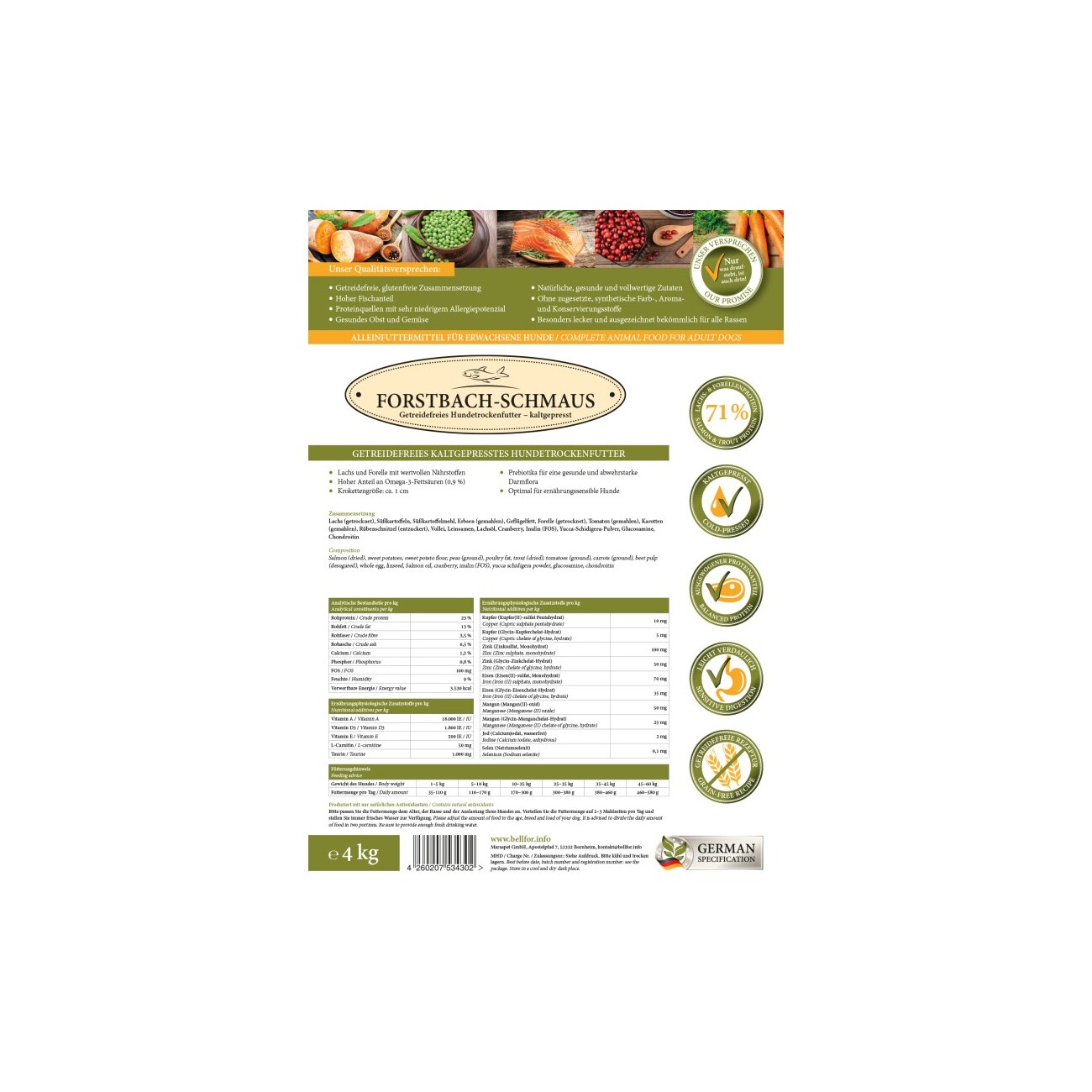 Bellfor Trockenfutter für Hunde mit Lachs und Forelle Forstbach-Schmaus - 4 kg